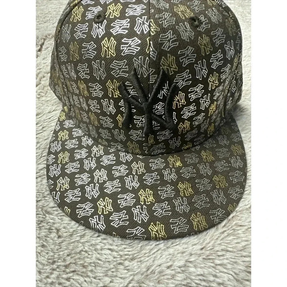 New York Yankees Hat Cap Fitted 7 1/2 Brown Gold 59Fifty  All Over Logo Wool - Picture 14 of 16